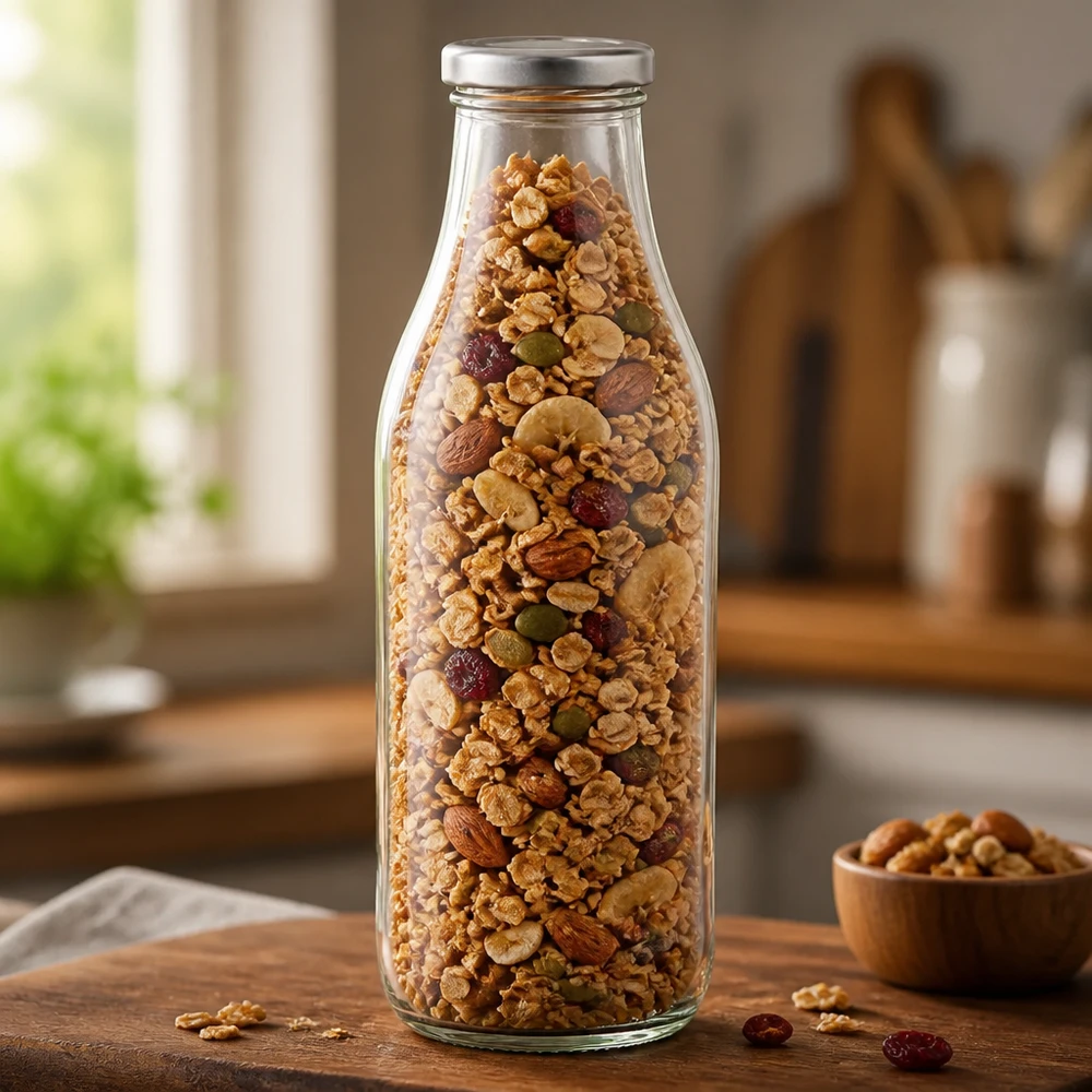 Bottiglia di vetro da 1000 ml + coperchio BasicSeal argento UN.. Bottiglia da 1000 ml in vetro BasicSeal silver riempita con noci muesli e frutta secca Conservazione in cucina