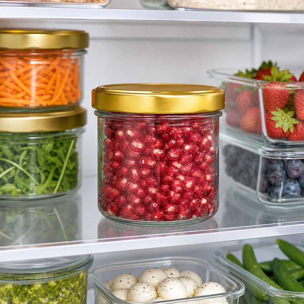 Barattolo cilindrico da 230 ml con semi di melograno nel frigo dorato Coperchio BasicSeal conservazione alimenti