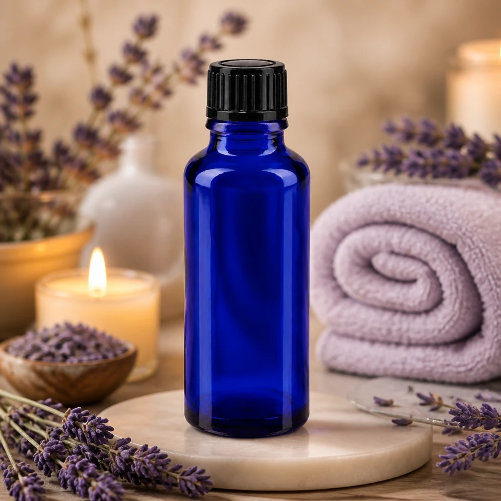 Flacone contagocce blu da 30 ml in vetro da farmacia con apertura da 1 mm e tappo a vite nero