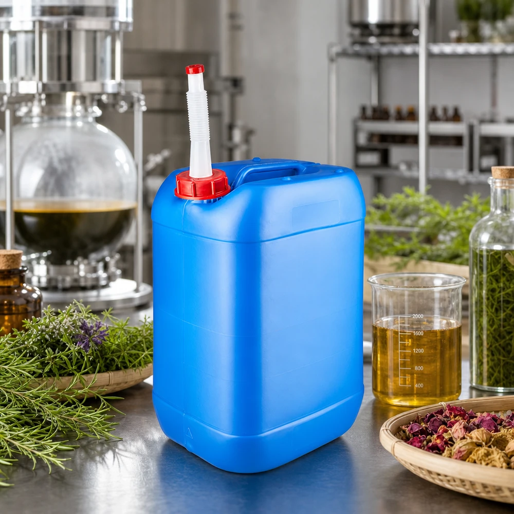 Tanica 25 litri blu con tubo di uscita Flex Tanica blu da 25 litri con beccuccio, accanto a erbe medicinali e a un impianto di distillazione