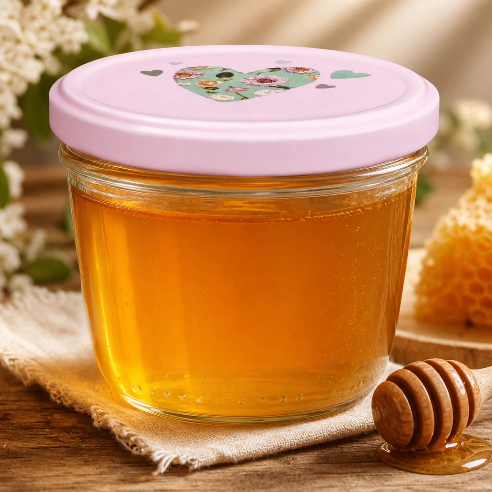 Bicchieri da 230 ml + coperchio BasicSeal cuore rosa UNiTWIST Vasetto BasicSeal rosa da 230 ml con coperchio pieno di miele accanto a un cucchiaio da miele su un sottobicchiere di iuta Conservazione dei prodotti naturali
