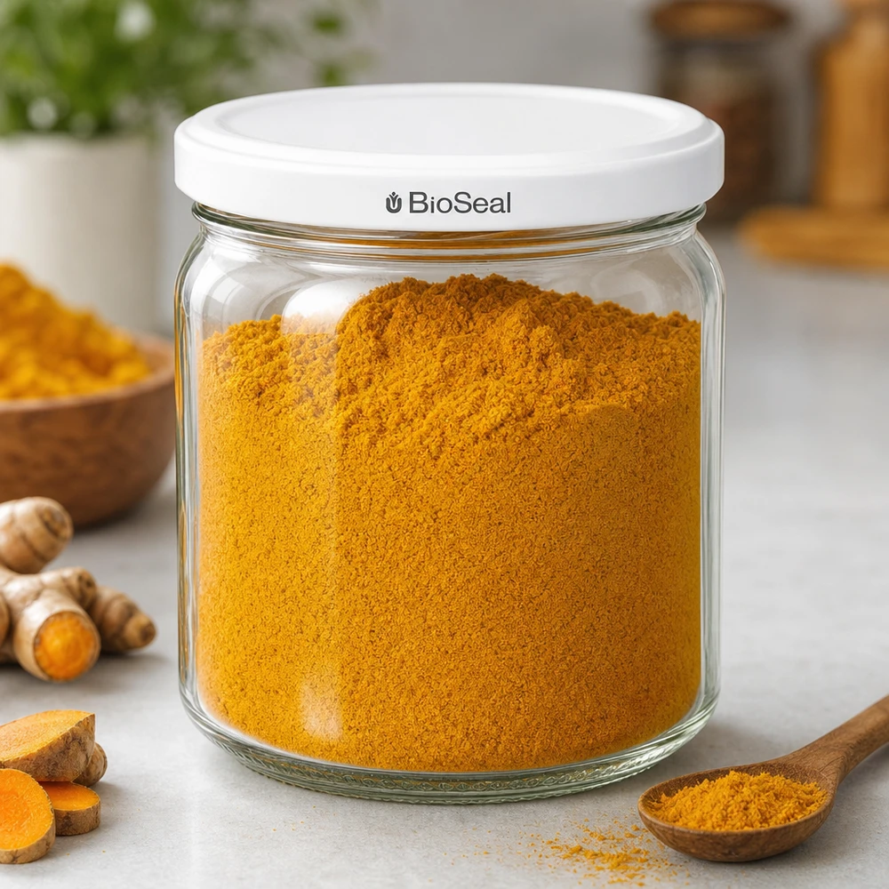 UNiTWIST Runda408 con coperchio bianco TO82 BioSeal UNiTWIST Runda408 barattolo riempito di curcuma in polvere - contenitore ermetico per spezie con coperchio bianco BioSeal