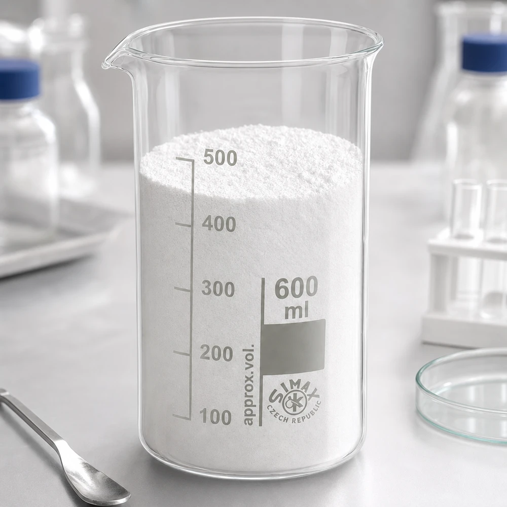 Becher da 600 ml di forma alta, pieno di polvere bianca, su un tavolo da lavoro da laboratorio con strumenti da laboratorio