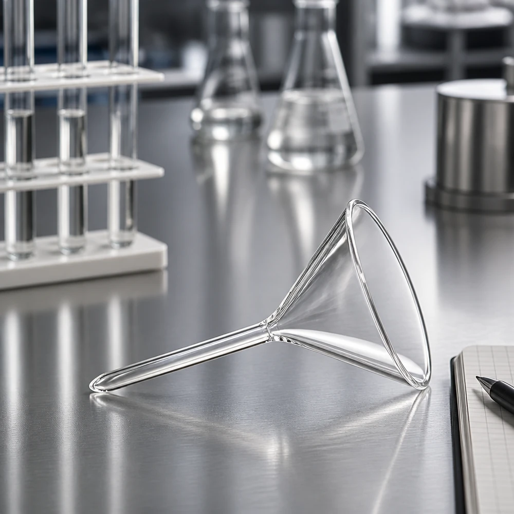 Imbuto Ø 55mm in borosilicato angolo 60 corto Imbuto da laboratorio a manico corto in vetro borosilicato di 55 mm di diametro per una decantazione precisa