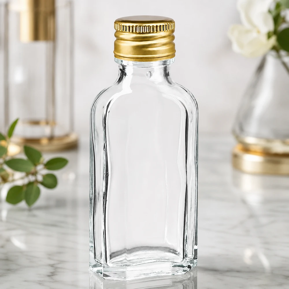 50 ml Meplat trasparente con tappo in alluminio oro PP22 Flacone piatto da 50 ml in vetro trasparente Meplat con tappo in alluminio dorato PP22 su fondo marmorizzato