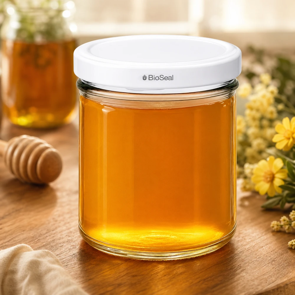 UNiTWIST Lintel167 con coperchio bianco TO66 BioSeal UNiTWIST barattolo da conserva 167ml riempito di miele barattolo da tavolo in legno per miele conservazione naturale degli alimenti