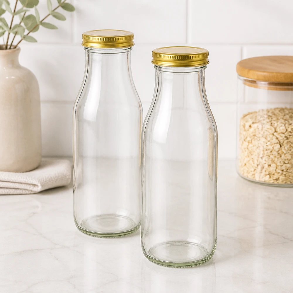 UNiTWIST Bottiglia263 con oro. Coperchio TO43 BioSeal Due bottiglie di vetro UNiTWIST Bottle263 con coperchi dorati TO43 BioSeal in una cucina moderna, accanto a un barattolo per la conservazione dei fiocchi d'avena.