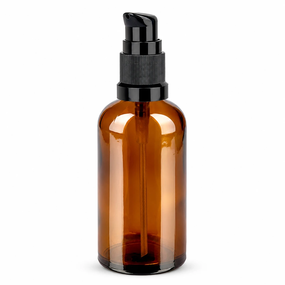 Flacone a pompa da 100 ml nero STD BrownLine UT18/100 Flacone in vetro ambrato da 100 ml con tappo a pompa igienico per la cura della pelle
