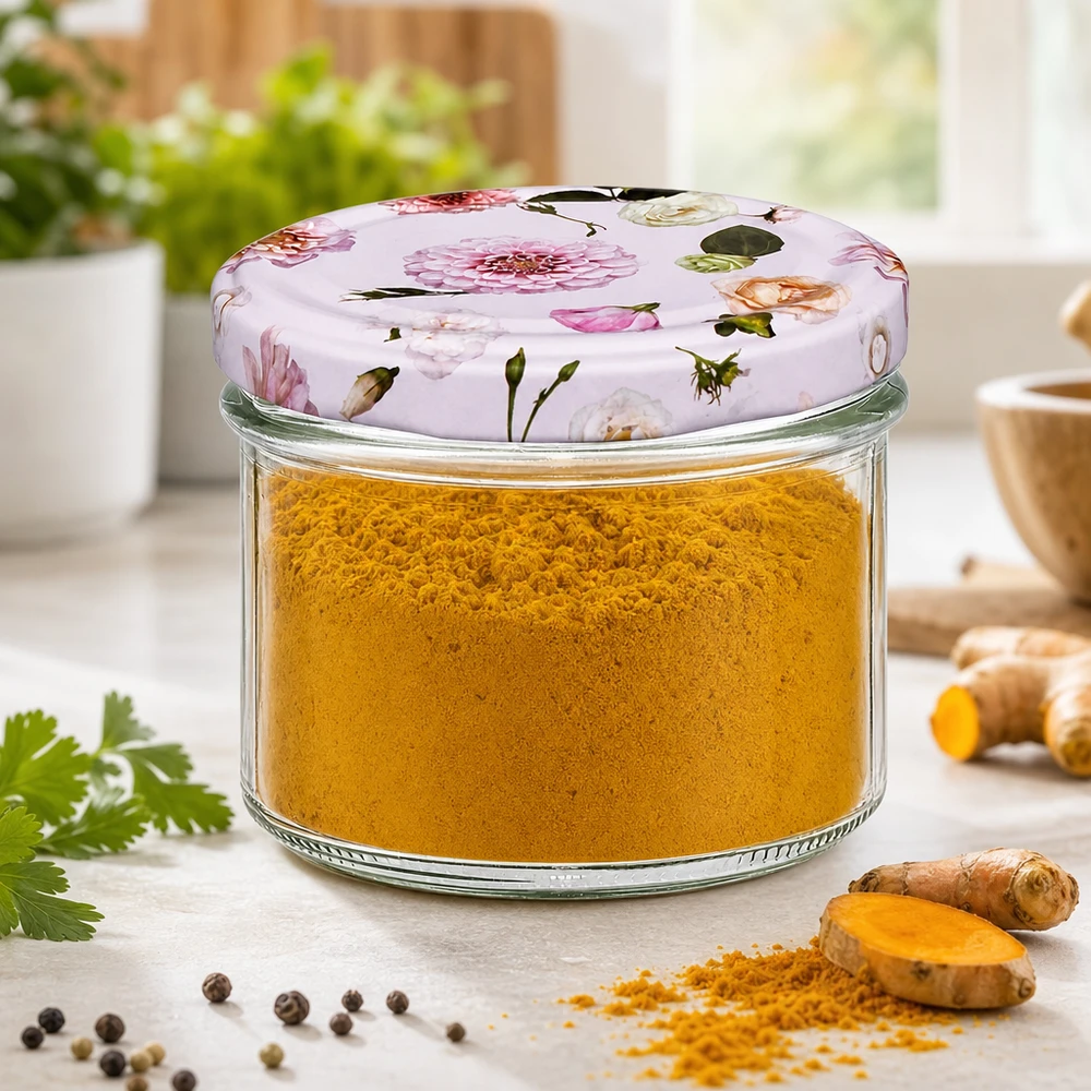 Barattolo di vetro da 225 ml + coperchio BasicSeal rosa UN... Barattolo di vetro da 225 ml riempito con polvere di curcuma e coperchio floreale - conservazione delle spezie in un barattolo da conserva