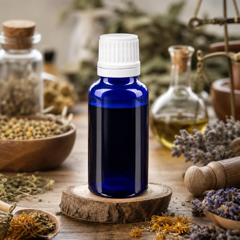 Flacone in vetro blu di alta qualità da 20 ml con tappo contagocce bianco, circondato da erbe aromatiche e lavanda