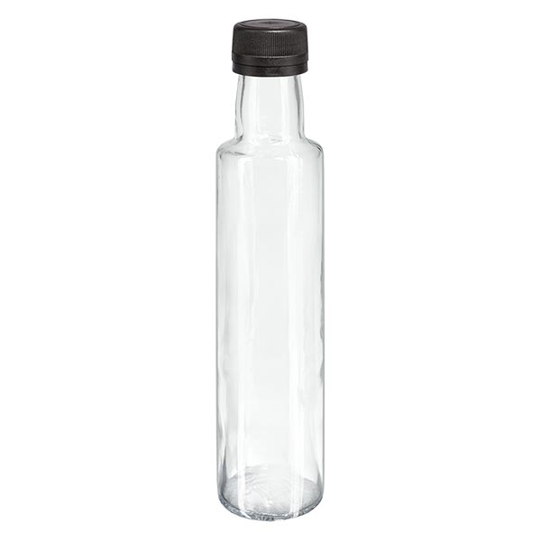 Bottiglia a vite da 250 ml rotonda trasparente con tappo nero Bottiglia a vite da 250 ml rotonda trasparente con tappo nero