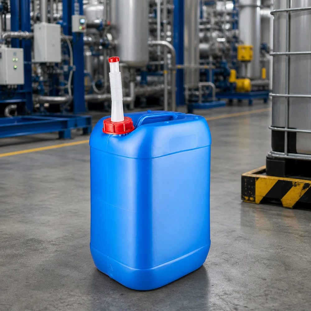 Tanica 25 litri blu con tubo di uscita Flex Tanica industriale da 25 litri, blu, con beccuccio flessibile bianco e tappo rosso, in un capannone industriale