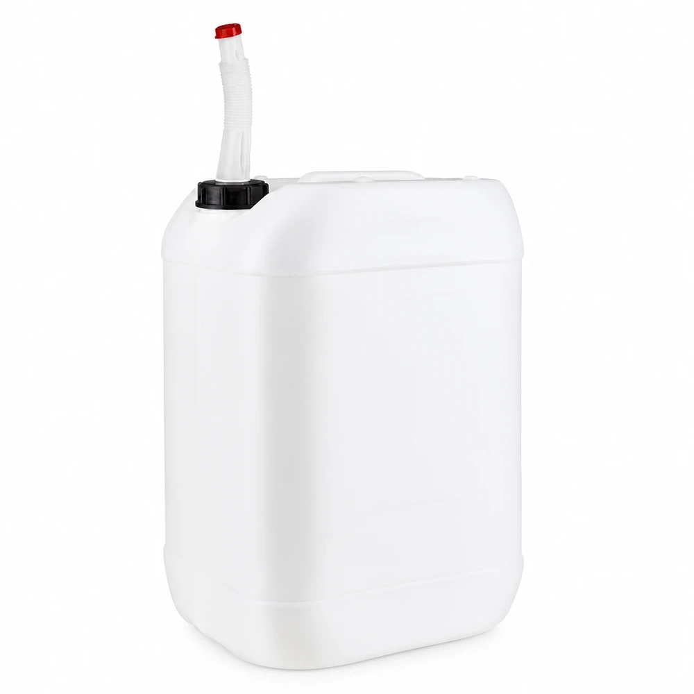 Tanica da 25 litri con tubo di uscita flessibile Tanica di plastica bianca da 25 litri con beccuccio flessibile e tappo rosso