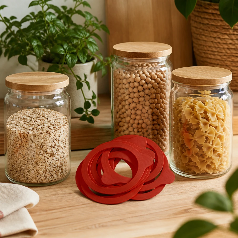 Anelli di conservazione rossi RR100 Gomma naturale davanti a barattoli con pasta legumi fiocchi d'avena Decorazione per la cucina