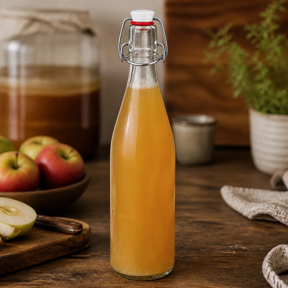 Bottiglia di vetro da 500 ml + tappo oscillante in porcellana UNITWIST Glasflasche 500ml mit Bügelverschluss gefüllt mit Apfelsaft in rustikaler Küche neben frischen Äpfeln auf Holzbrett