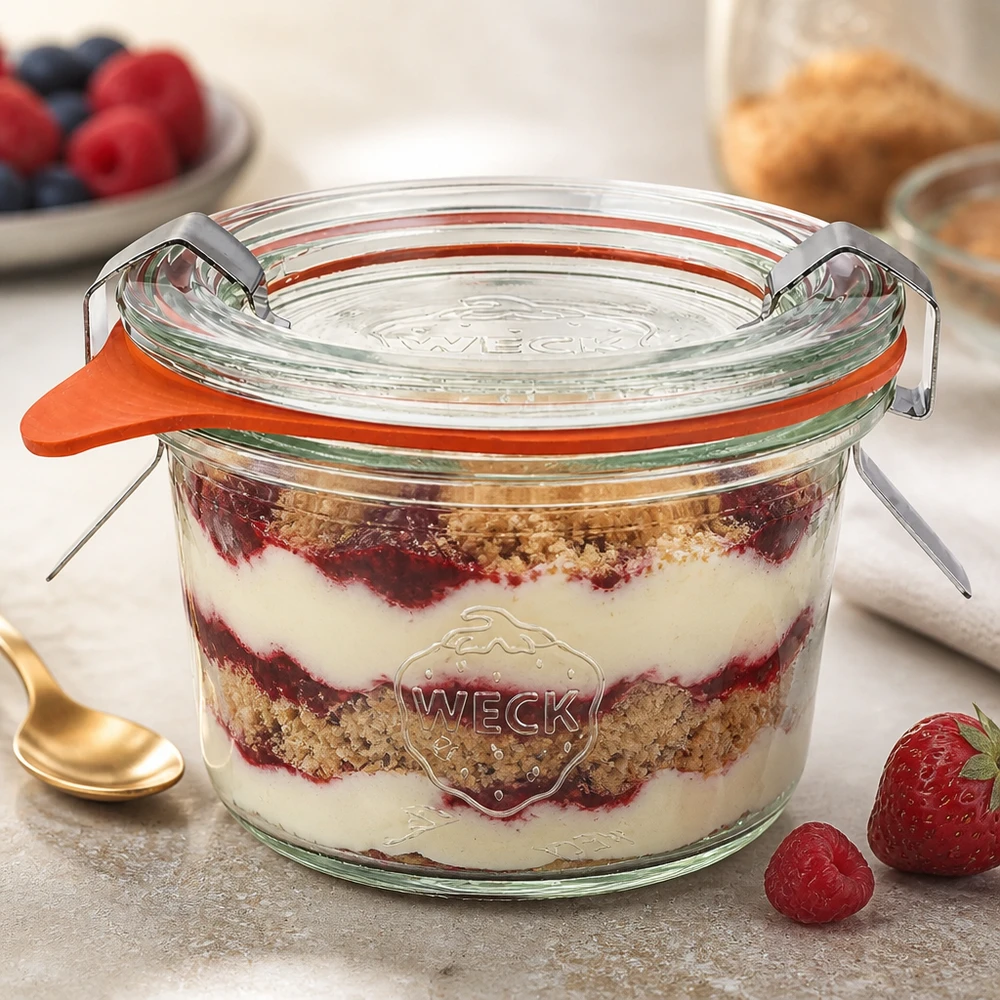 Bicchieri da 80 ml completi WECK RR60 I tumbler WECK 80ml RR60 con dessert a strati Tiramisù mostrano un uso versatile per i dessert e le porzioni