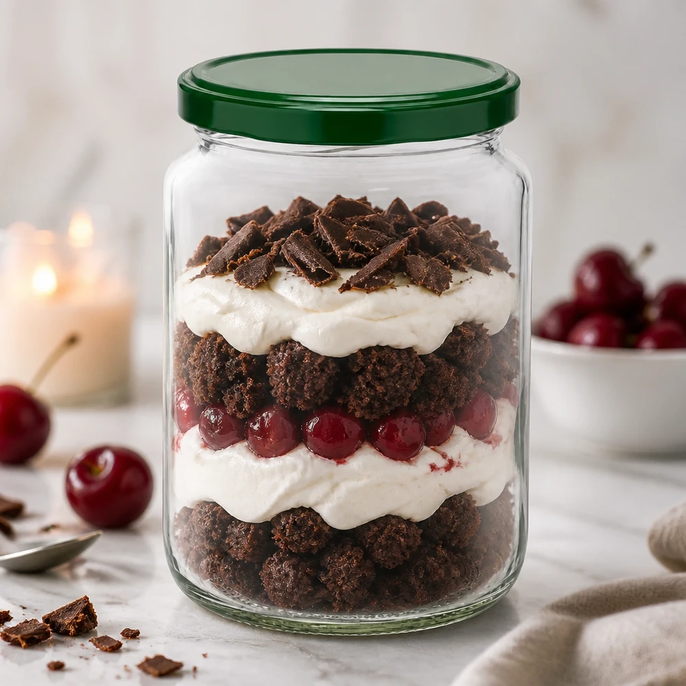 Barattolo rotondo da 795 ml + coperchio BasicSeal verde UNiTWIST Vasetto rotondo UNiTWIST da 795 ml con coperchio verde BasicSeal, riempito con dessert a strati a base di cioccolato, crema e ciliegie.
