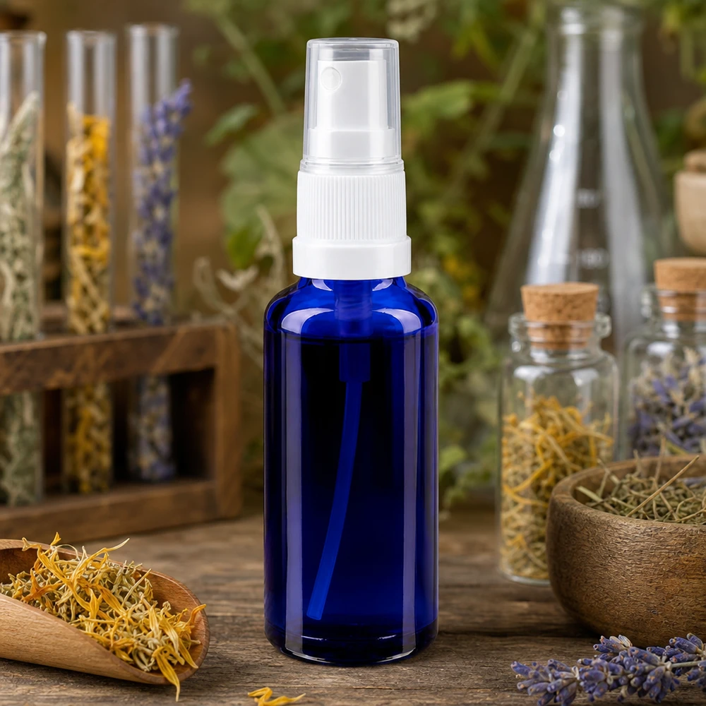 Bottiglia spray blu 30ml STD bianco/trasp. apoGlas Flacone di vetro da farmacia blu da 30 ml con erogatore a spruzzo, tra erbe medicinali essiccate, una ciotola di legno e recipienti di vetro