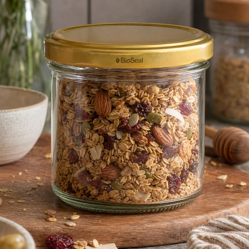 UNiTWIST Sturz125 con coperchio dorato. Coperchio TO66 BioSeal UNiTWIST 125ml Vorratsglas mit Müsli und Nüssen - goldener TO66 Deckel für luftdichte Aufbewahrung von Granola