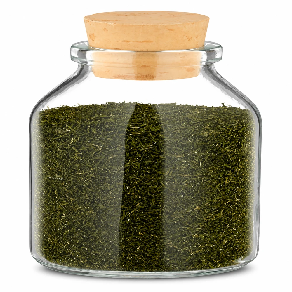 Barattolo per spezie Round trasparente da 100 ml con tappo in sughero 22/26, riempito con tè verde