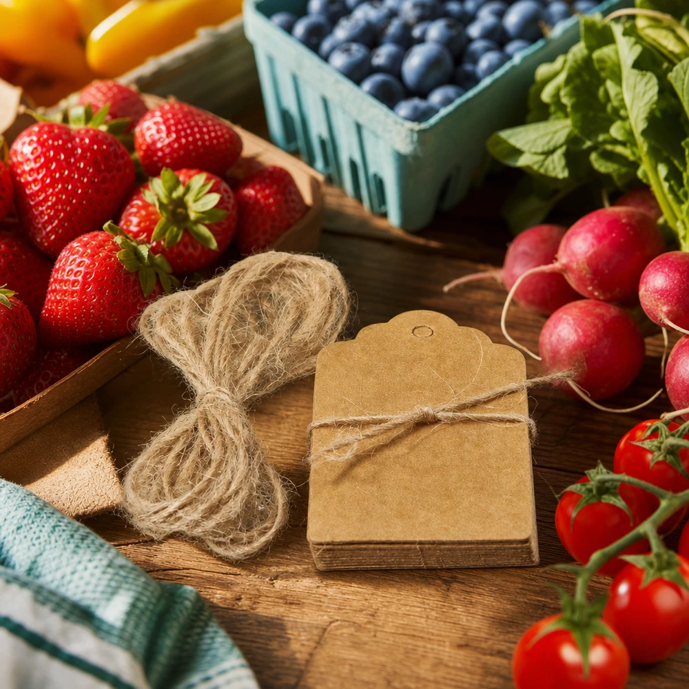 Etichetta in carta kraft 30x50 mm con cordino di iuta tra frutta e verdura fresca su una cassa di legno del mercato agricolo
