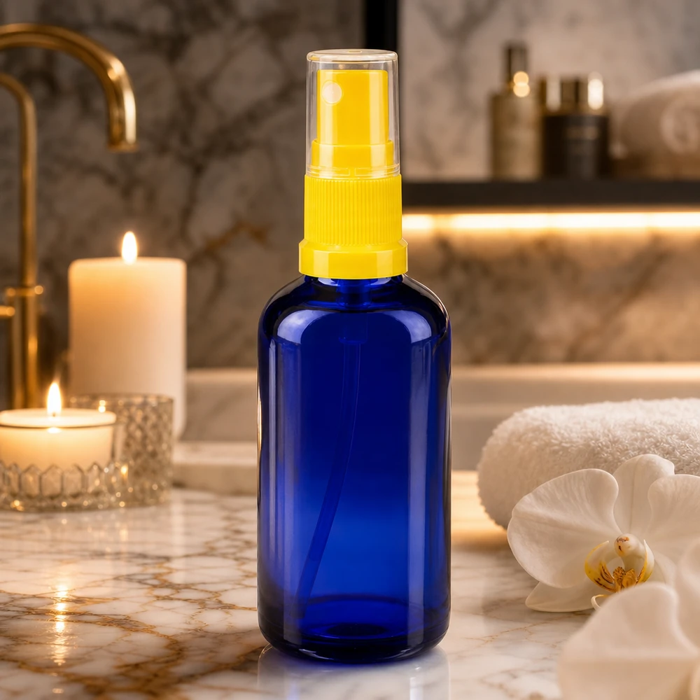 Flacone spray blu da 50 ml in vetro da farmacia con erogatore trasparente su fondo marmorizzato