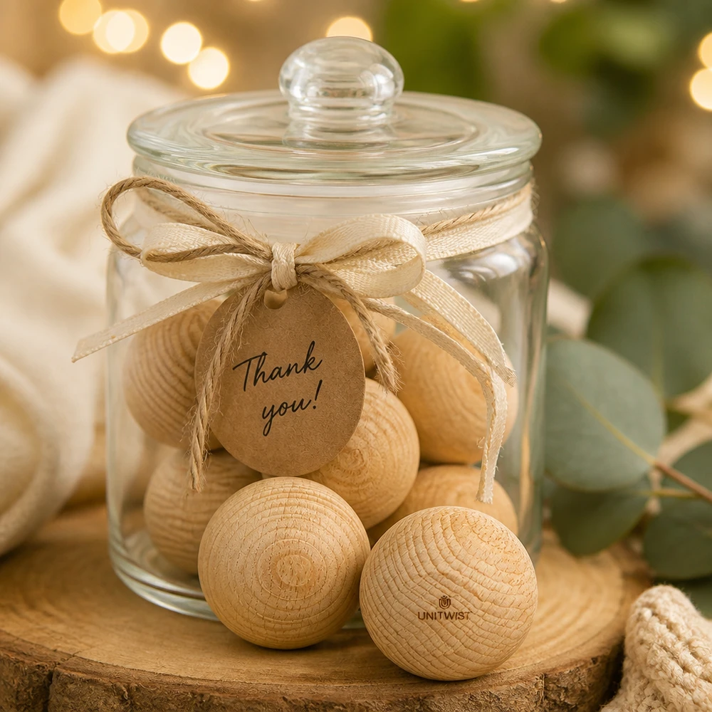 UNiTWIST sfere di legno di faggio WECK RR60 in barattolo regalo con etichetta di ringraziamento decorazione rustica bottoni di legno