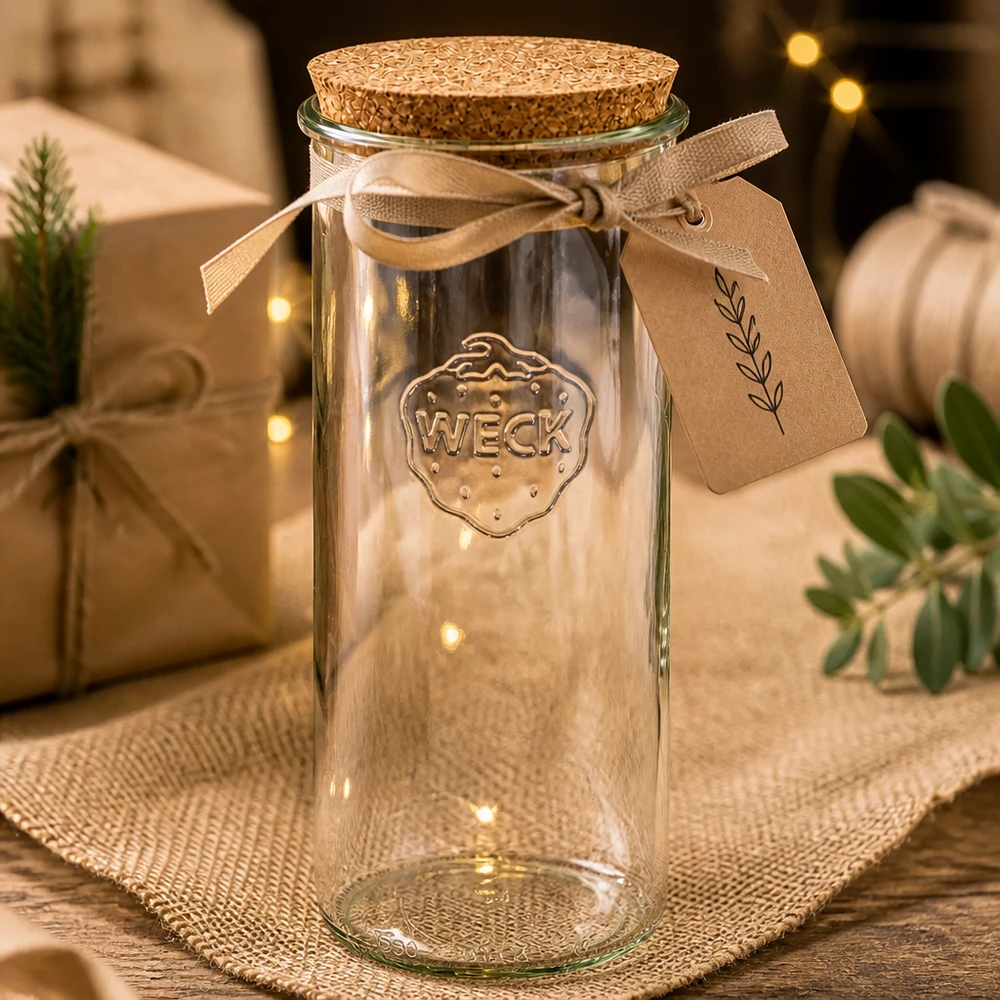 Bicchieri da 1500ml WECK RR100 con tappo in sughero naturale WECK tumbler 1500ml RR100 vuoto con sughero confezione regalo etichetta nastro marrone decorazione natalizia
