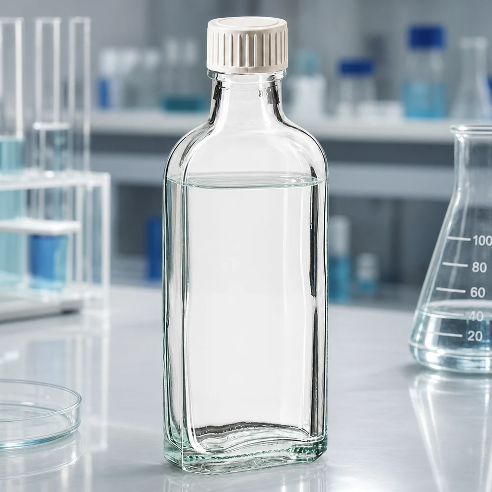 Tappo a vite trasparente Meplat da 100 ml con inserto in schiuma PE Piccola fiaschetta da laboratorio da 100 ml con inserto in schiuma di PE nel tappo a vite, su un tavolo da laboratorio bianco