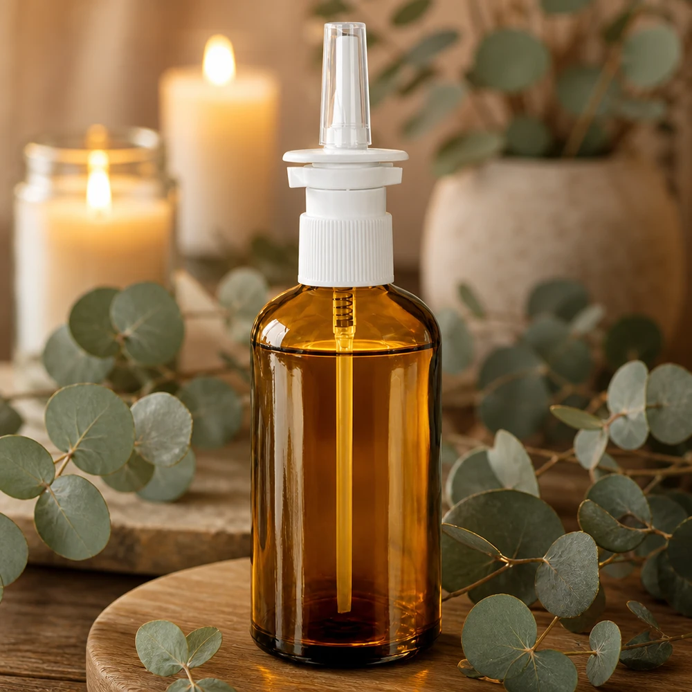 Flacone spray nasale da 100 ml c/tr. STD BrownLine UT18/100 Flacone spray ambrato compatto da 100 ml con testina ergonomica bianca per il naso