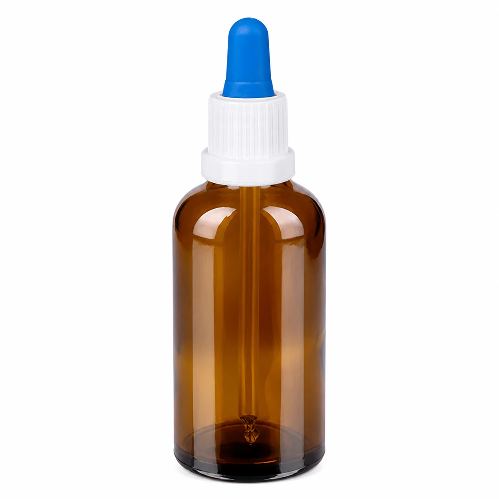 Bottiglia per pipette da 50 ml bianco/blu OV BrownLine UT18/50 Bottiglia per pipetta da 50 ml in vetro ambrato con tappo bianco e attacco per pipetta blu