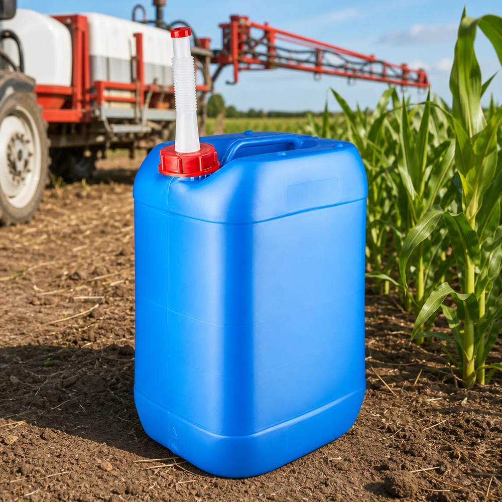 Tanica 25 litri blu con tubo di uscita Flex Serbatoio agricolo da 25 litri, blu, con tubo di scarico flessibile, in uso nel campo di mais accanto al trattore