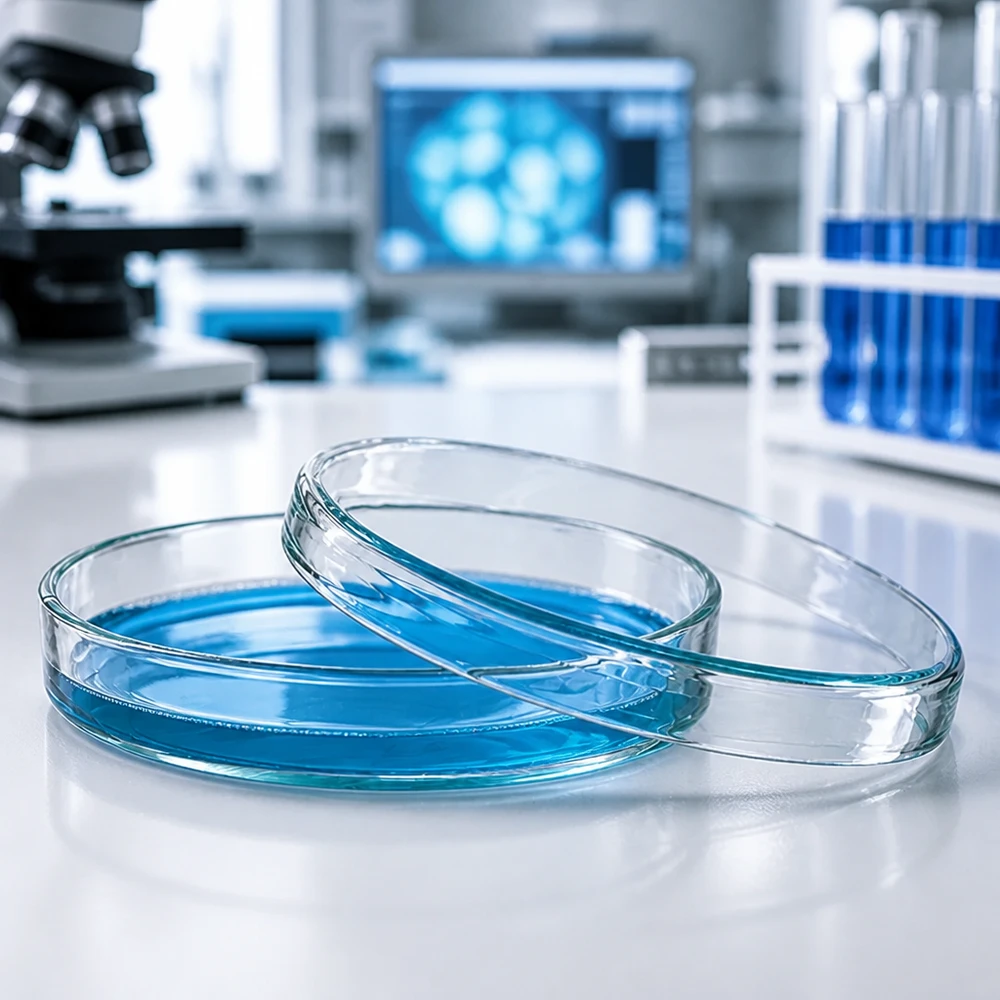 Piastra Petri 80x15mm in vetro Piastra di Petri da laboratorio trasparente in vetro, 80x15 mm, con liquido blu su un piano di lavoro bianco