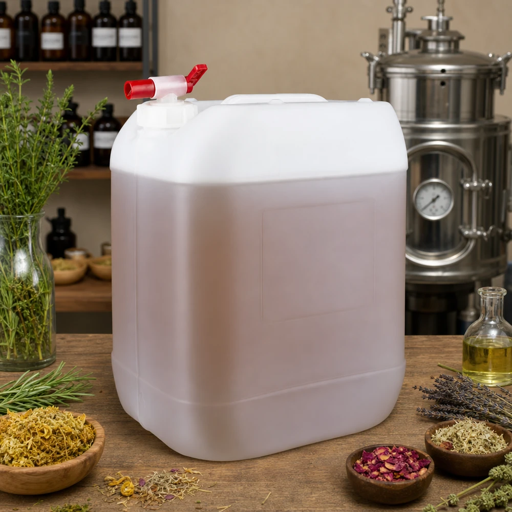 Tanica da 20 litri con rubinetto di scarico Tanica da 20 litri adatta al contatto con gli alimenti, con rubinetto di scarico rosso, tra le erbe aromatiche e l'impianto di distillazione