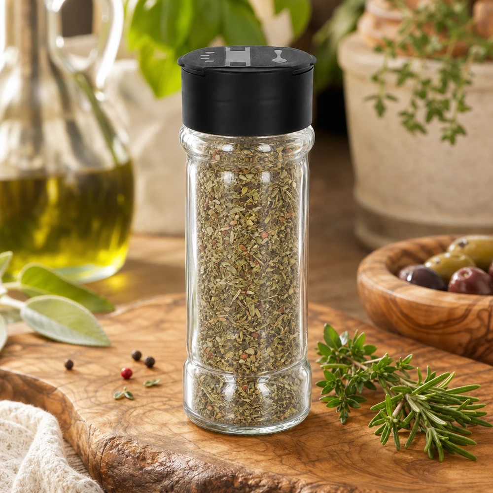 Barattolo per sale e spezie da 100 ml con doppio dosatore, nero Barattolo da 100 ml riempito con erbe aromatiche italiane e doppio spargitore nero su tagliere di legno