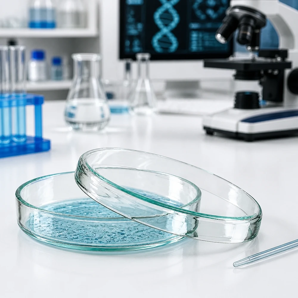 Piastra Petri 80x15mm in vetro Piastra di Petri in vetro borosilicato 80x15 mm con soluzione nutritiva blu in un laboratorio microbiologico