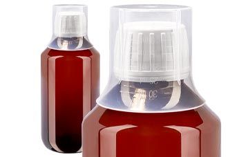 Flaconi medici in PET marrone con tappo bianco + bicchiere graduato